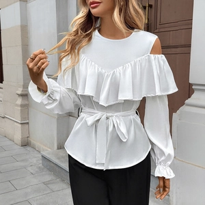 Elegant White Satin Ruffled Cold Shoulder Blouse For Women Long Sleeve Round Neck Tie Waist Fashion Top Blouse