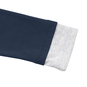 Detail shot of the faux two-piece ribbed cuffs in dark blue and light grey knitted fabric