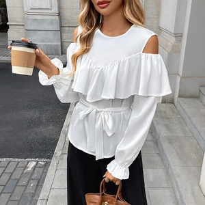 Elegant white cold-shoulder chiffon blouse with ruffles and a waist tie belt for women