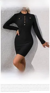Detail of the diamond knit texture and decorative gold buttons on the black slim dress
