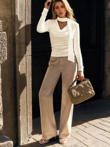 Elegant white slim-fit draped neck top with a scarf tie and ribbed fabric detail