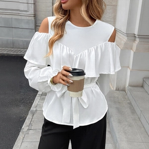 Elegant white cold shoulder blouse with ruffled long sleeves and adjustable waist tie