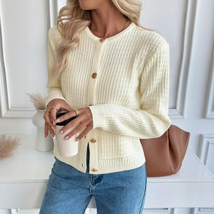 Chic cream ribbed knit cardigan with gold buttons and round neck for women fashion