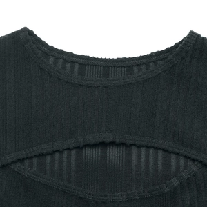 Detailed close-up of a black ribbed knit dress featuring a stylish oval chest cutout