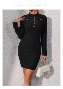 Detail of knit texture on long sleeve slim dress with vintage gold buttons and mock pockets