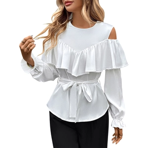 Elegant white long sleeve cold shoulder blouse with ruffled details and waist tie