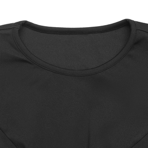 Detail shot of the high-quality crew neck stitching on this black A-line flared dress