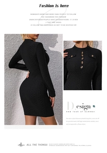Close-up of diamond-pattern knit texture and tortoiseshell buttons on black bodycon dress
