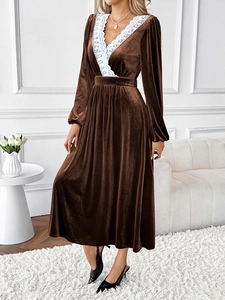 Detail of V-neck lace patchwork on brown velvet long sleeve dress with premium texture