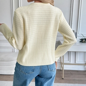 Women's cream knit sweater cardigan with vertical texture and stylish metal buttons