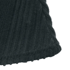 Close-up of black ribbed texture fabric with dense stripes for a slim-fit dress
