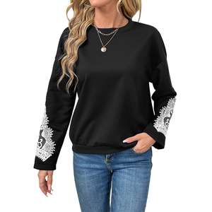Black round neck sweatshirt with white floral lace embroidery on drop shoulder sleeves
