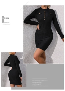 Detail showing black knit fabric texture and vintage buttons on a slim mini dress