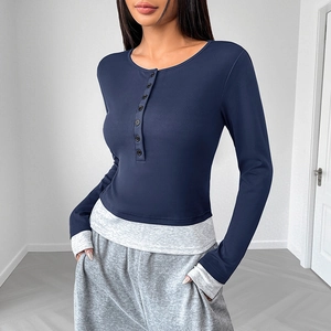 Women Casual Long Sleeve Henley Shirt Fake Two-Piece Color Block Slim Fit T-Shirt Top
