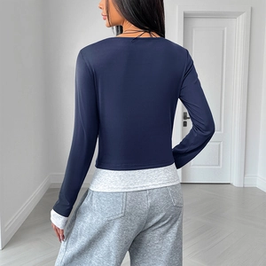 Slim fit long sleeve faux two-piece t-shirt for women in navy blue and grey colors