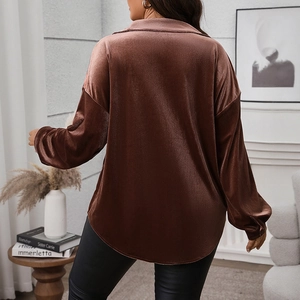 Brown velvet long sleeve shirt for women featuring a loose fit and curved hem design