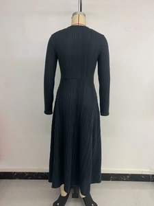 Detail of the black ribbed knit fabric and slim-fit waist on the long sleeve dress