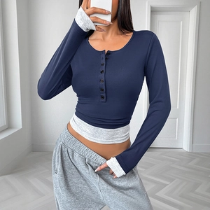 Slim fit navy blue long sleeve top with henley collar and grey fake two-piece details
