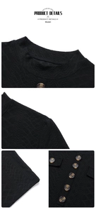 Detail of black textured knit dress with diamond patterns and brown tortoiseshell buttons