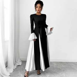 Women Elegant Color Block A-Line Maxi Dress Round Neck Flare Sleeve Patchwork Long Dress With Bow Belt Autumn Winter Outfit