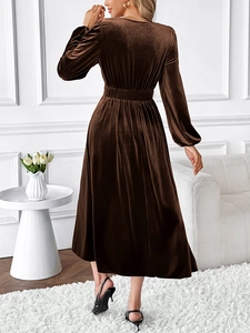 Detail view of the brown velvet dress back showing the high waist and lantern sleeves