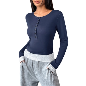 Slim fit long sleeve henley tee with grey faux two-piece design and drawstring joggers
