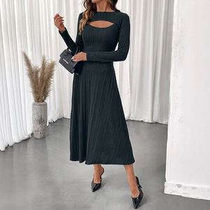 Women Elegant Ribbed Knit Midi Dress Long Sleeve Cut Out High Waist A-Line Solid Color Fall Winter Slim Fit Casual Dress