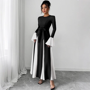 Elegant A-line maxi dress with contrast bell sleeves and waist tie for women