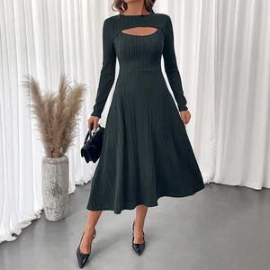 Elegant black long sleeve knit dress with hollow cutout neckline and ribbed texture