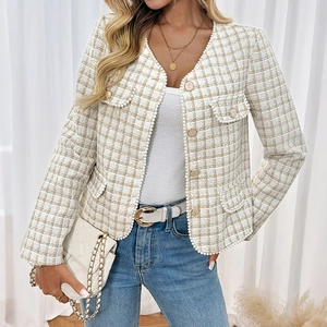 Elegant beige tweed jacket with pearl trim and gold buttons for women in office style