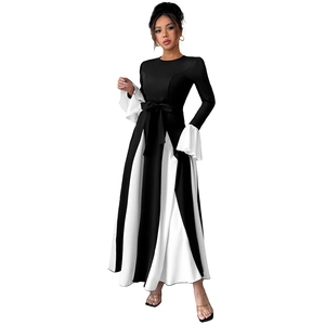 Elegant A-line long dress with black and white colorblock design and bell sleeves