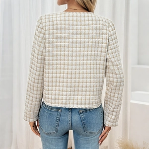Elegant beige tweed jacket with pearl trim and slim fit, viewed from the back