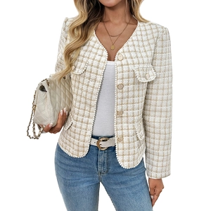 Elegant beige tweed jacket for women featuring pearl trim and gold buttons in a slim fit