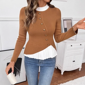 Elegant two-tone knit sweater with caramel brown body and white pleated asymmetric hem