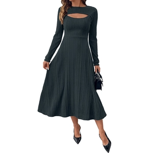 Elegant dark green ribbed knit midi dress featuring front cutout and long sleeves