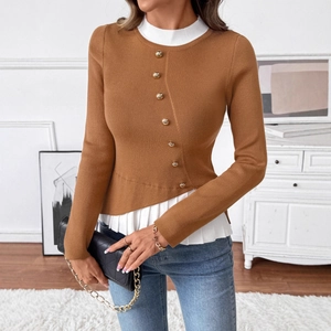 Elegant brown knit sweater with layered white trim and decorative gold buttons