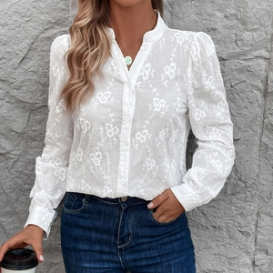 Chemisier Femme Élégant en Dentelle Ajourée avec Broderie Florale Chemise Jacquard Manches Longues Col Montant Haut Blanc