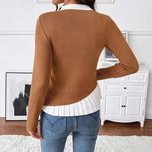 Elegant caramel knit sweater with contrast white pleated hem and chic mock neck design