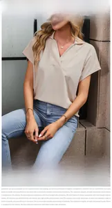Detail view of beige V-neck sleeveless top with vertical texture and casual denim styling