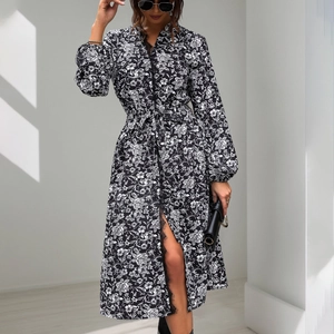 Robe Midi Élégante à Fleurs Pour Femmes Manches Longues Avec Col en V en Dentelle Taille Nouée Col Montant Robe Chemise Ligne A