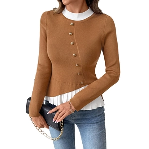 Women's autumn knit sweater in caramel with mock-neck faux two-piece design and gold buttons