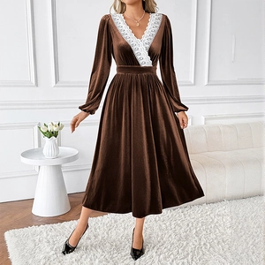Vintage V Neck Velvet Maxi Dress With Lace Patchwork Elegant Long Sleeve High Waist A Line Party Dress For Women