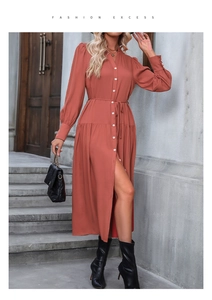 Deep orange long sleeve button-down shirt dress with waist tie and side slit detail
