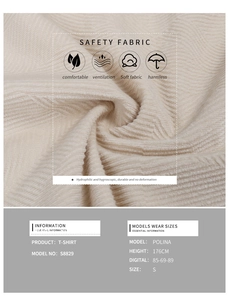 Detail of off-white textured fabric for sleeveless polo shirt with size chart information