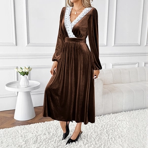 Elegant brown velvet V-neck maxi dress with white lace trim and lantern sleeves
