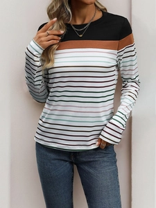 Close-up of crew neck long sleeve top with colorful stripes and contrast patchwork