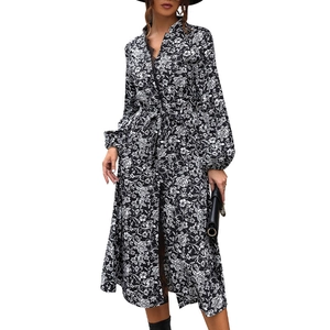 Robe mi-longue à fleurs, manches longues, col en V et ceinture de taille élégante
