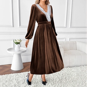 Elegant deep brown velvet maxi dress with V-neck lace patchwork and long sleeves