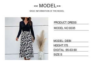 Guide des tailles avec mesures du mannequin pour robe midi bicolore à manches longues