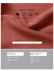 Detail of reddish brown dress fabric texture showing D220 model and sizing specs